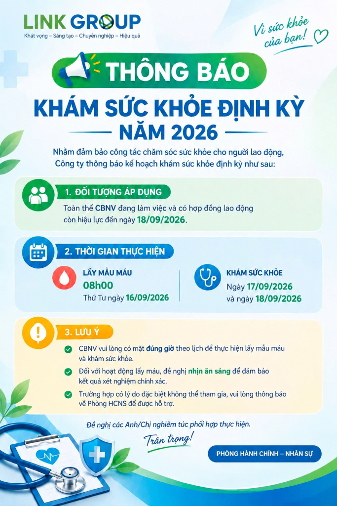 Thông báo khám sức khỏe định kỳ năm 2026 dành cho cán bộ nhân viên LinkGroup